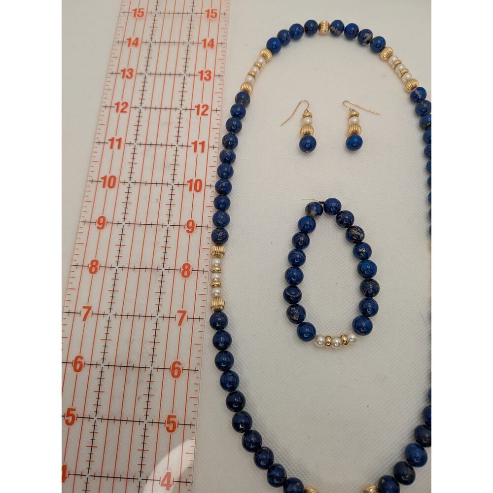 Blue Lapis Vintage Necklace Bracelet and Earring Suite with Gold Beads & Pearls - Picture 6 of 7